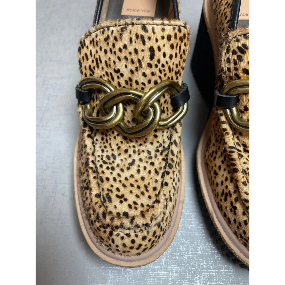 Dolce Vita Brenan Leopard Calf Hair Platform Wedge Loafers Gold Chain Size 8